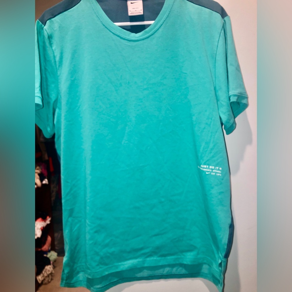 Nike Men's Aqua and Grey Short Sleeve T-shirt Dry Fit Air Force 1 Glitch logo M